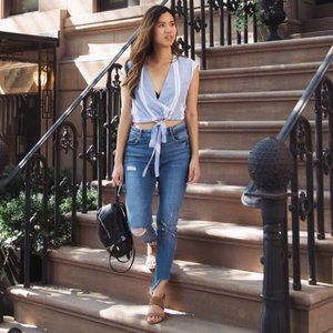 Zara Basic Blue White Striped Tie Top Sleeveless Shirt XS Womens Blouse